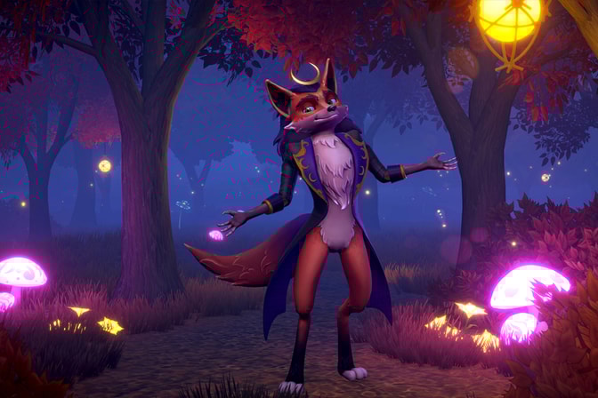 TellTail, a fox-like creature standing upright, wearing coattails and hat 